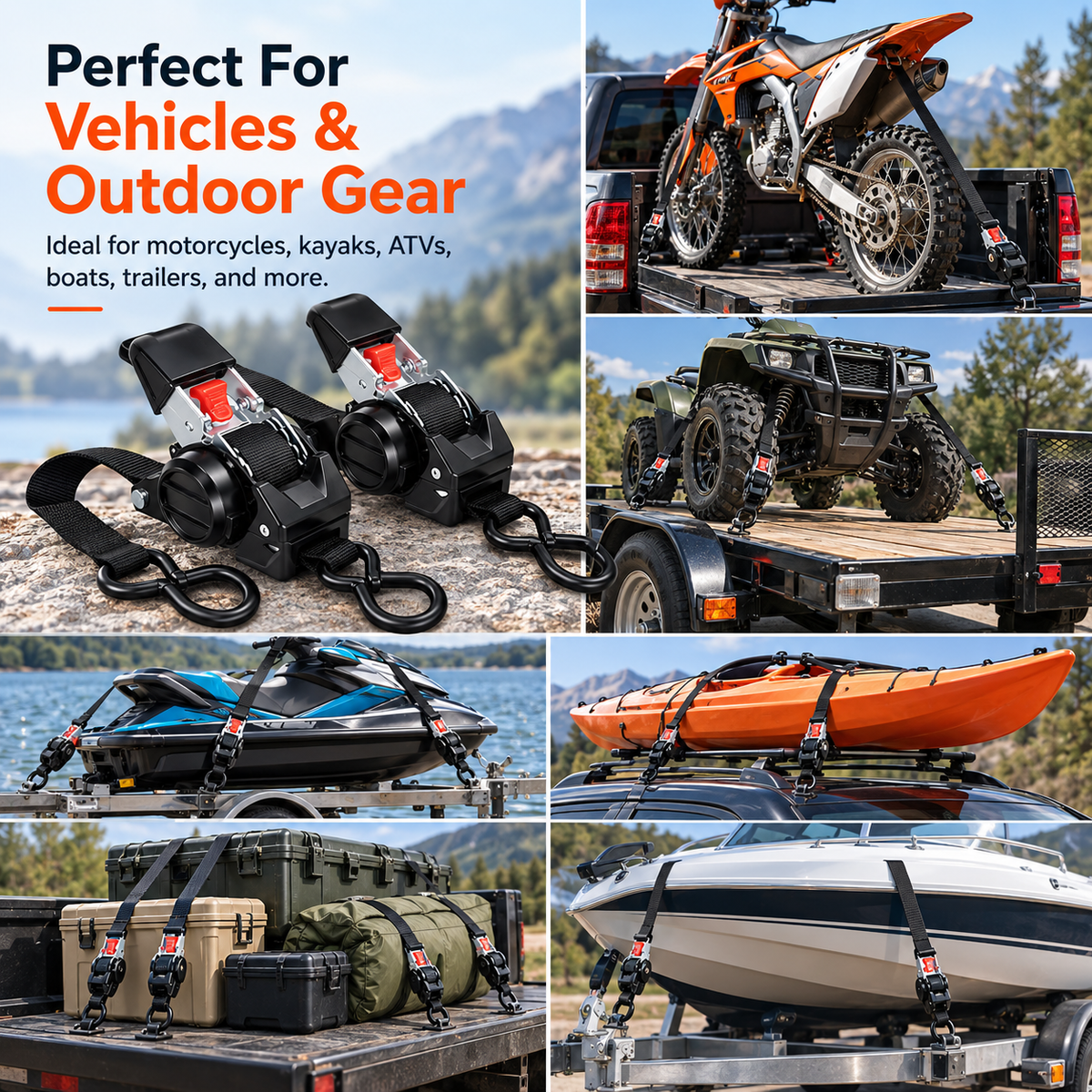 Heavy-Duty Dual-end Retractable Ratchet Tie Down Straps