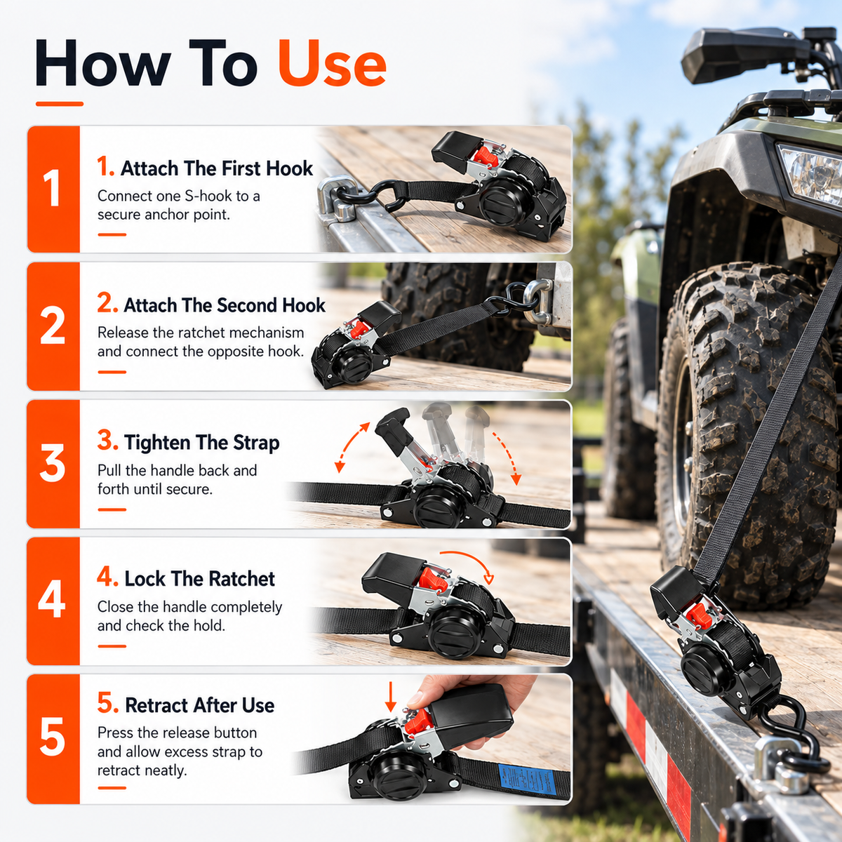 Heavy-Duty Dual-end Retractable Ratchet Tie Down Straps